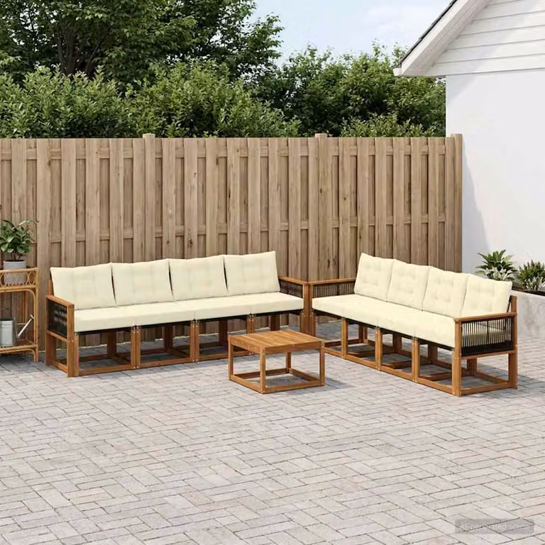 Set di divani da esterno vidaXL 9 pz in legno di acacia con sedute in textilene, colore beige, bianco e marrone