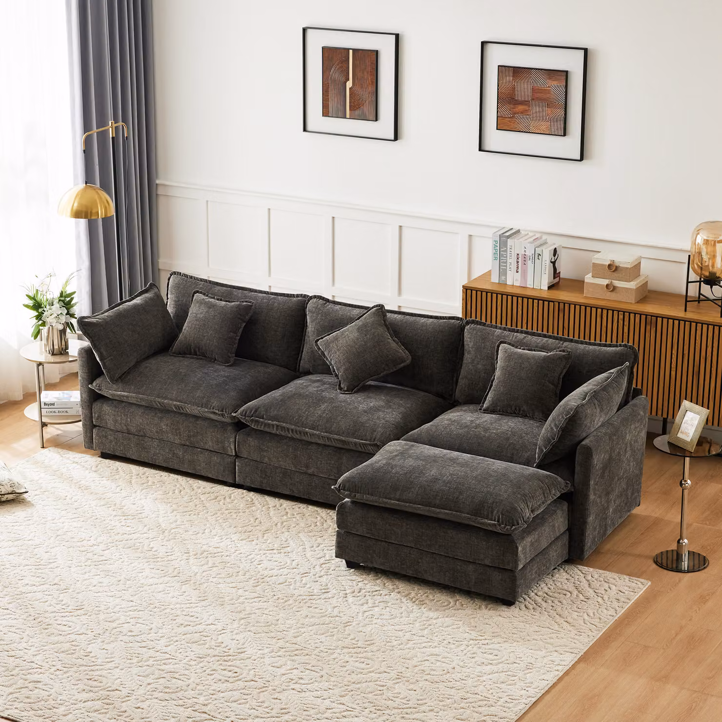 Abrihome Divano angolare a L 3-4 posti-283x147x84 cm con poggiapiedi e cuscino semi-fisso, ciniglia, grigio