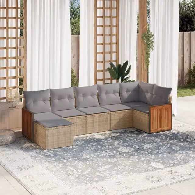 vidaXL Set di Divani da Giardino a L in Polyrattan con Cuscini Beige e Grigio, 7 Pezzi