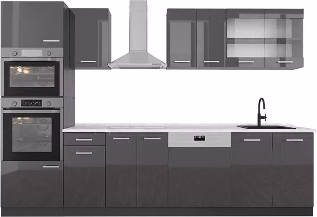 Cucina componibile moderna Vicco R-Line colore antracite lucido con armadio alto e piano in marmo, L: 300 cm