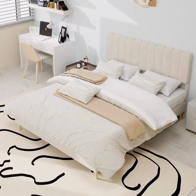 Letto matrimoniale imbottito 140 × 200 cm 2 posti, senza materasso, in velluto olandese beige con struttura in metallo
