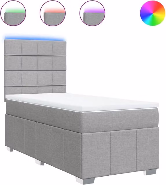 Letto singolo moderno con materasso ibrido e struttura imbottita in tessuto grigio chiaro e bianco, dotato di illuminazione sottostante e porta USB, L/P: 100 x 200 cm