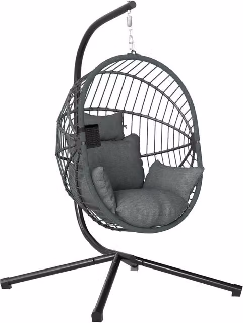 Poltrona Sospesa a Uovo da Giardino ed Esterno con Cuscino, Struttura in Acciaio Pieghevole Salvaspazio, Grigio 120x106x188 cm