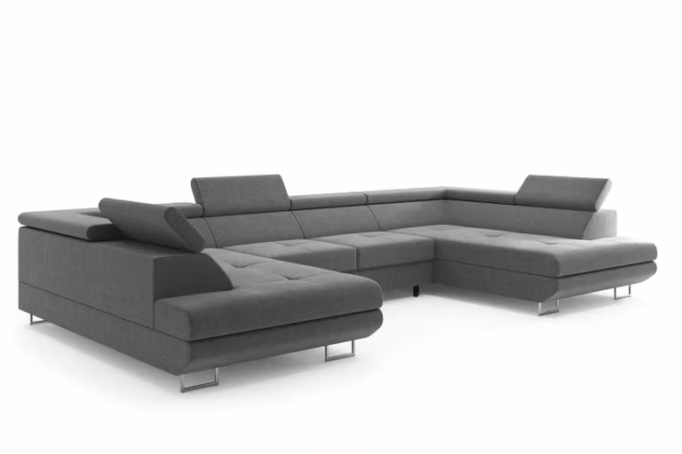 Set di divani a U – Divano ad angolo Miami in tessuto grigio con letto, contenitore, regolazione della testiera, divano letto, divano letto grande