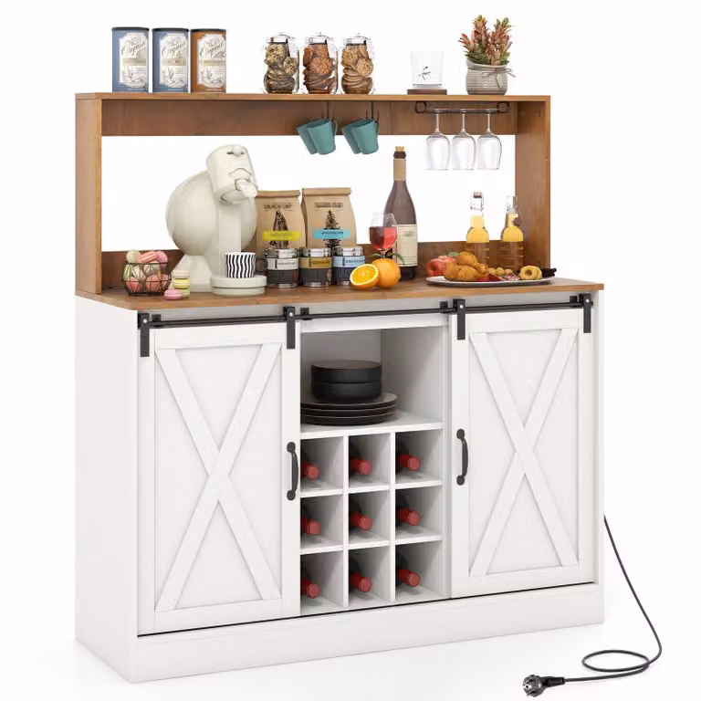 Mobiletto bar in stile rustico di COSTWAY, con stazione di ricarica, pensile da 120 cm per vino con ante scorrevoli, mobiletto contenitore, ripiano estraibile per bottiglie