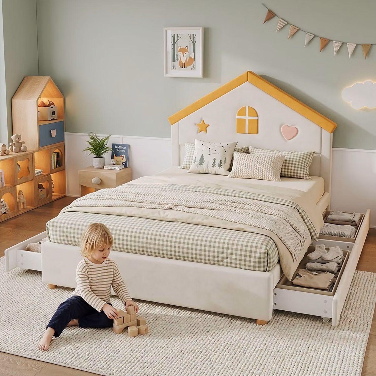 Letto imbottito per bambini Merax, 140x200 cm, con 4 cassetti, letto a forma di casetta, imbottito in velluto, letto per ragazzi con testiera a forma di casetta, beige