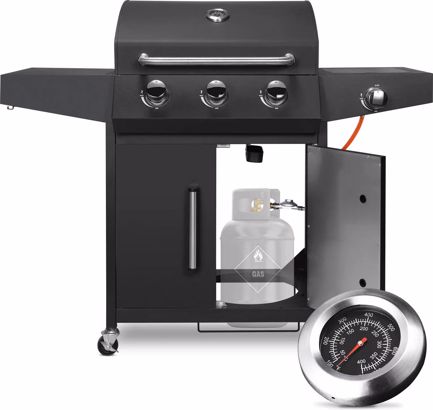 Barbecue a gas, 3+1 bruciatori, struttura in acciaio inox, nero
