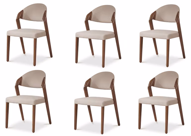 Un set di sei eleganti sedie da pranzo in stile metà secolo, rivestite in tessuto beige e con gambe in legno di quercia bianca