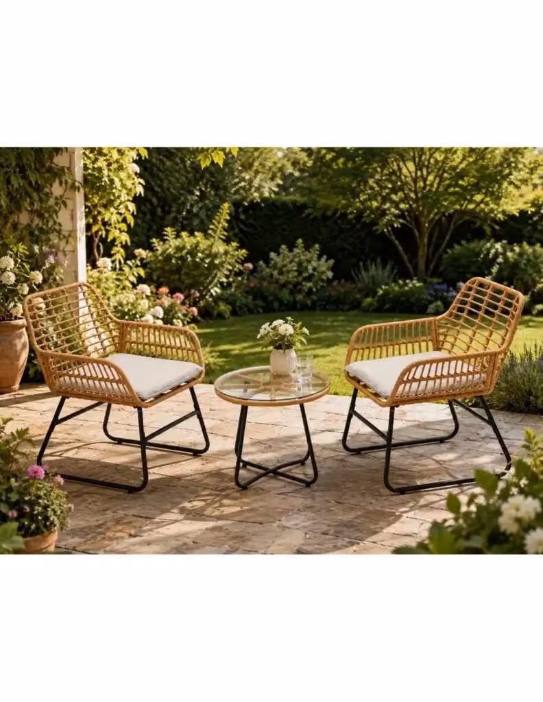 Set da giardino HAVENA Meublorama composto da 2 poltrone lounge, tavolino da esterno in vetro e cuscini grigi in poliestere resistente ai raggi UV, struttura in metallo e polyrattan marrone – 2