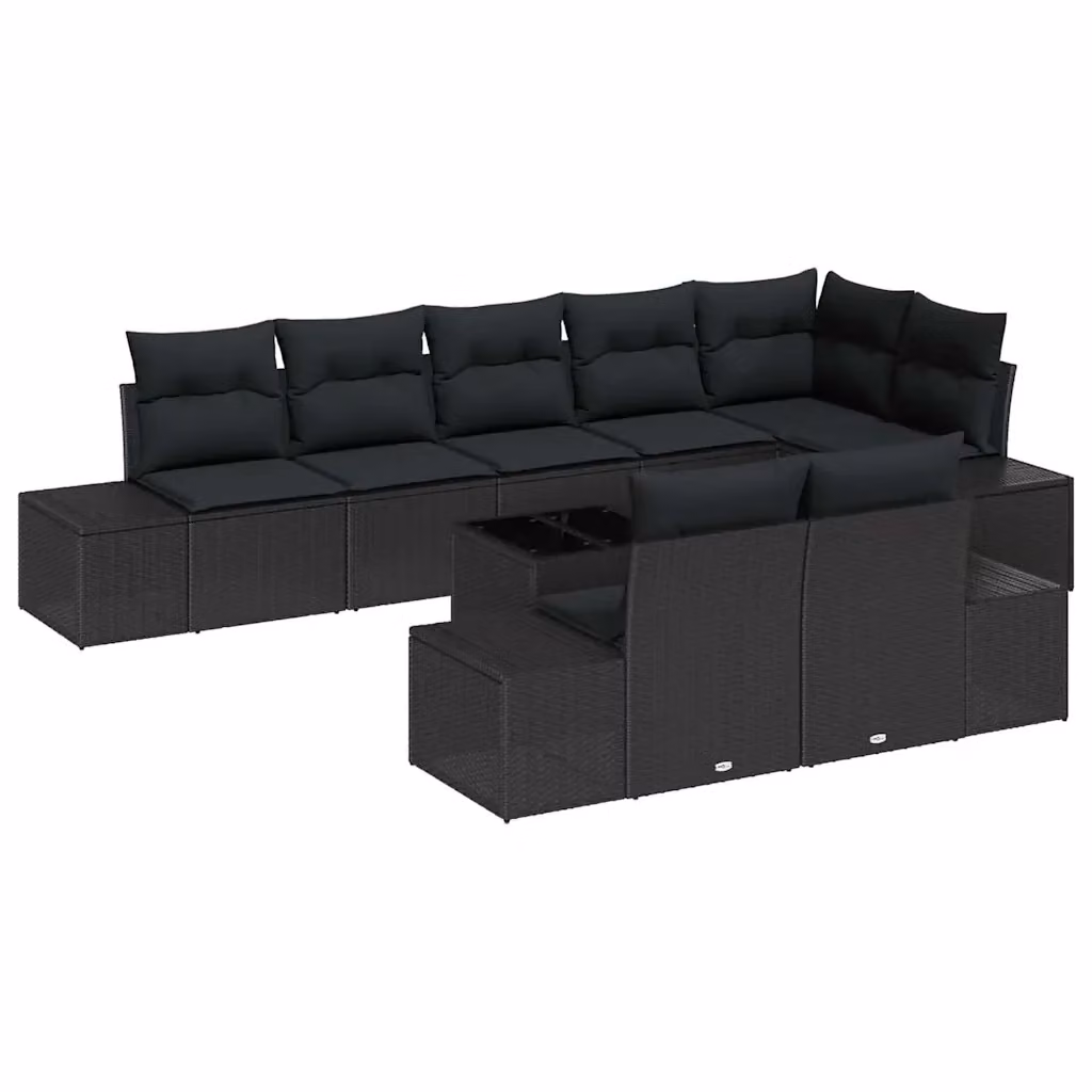 Set Divano da Giardino vidaXL 9 Pezzi a Forma di U in Polyrattan Nero con Cuscini e Tavolino – 2