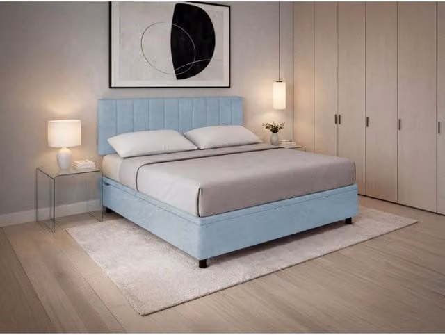 Letto imbottito Matrimoniale 160x200 cm Vertical - Contenitore,Microfibra,Azzurro