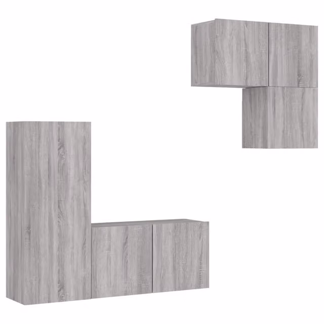 Set di 4 Mobili TV da Parete Moderni in Legno Multistrato Grigio Sonoma con Compartimenti Media