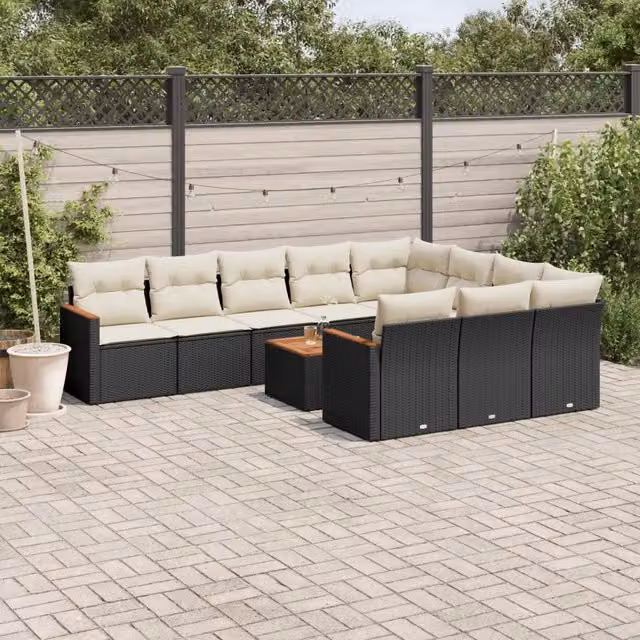 Set di Divani da Giardino vidaXL in Polyrattan Nero con Cuscini e Tavolino da Esterno a Forma di U composto da 11 Pezzi