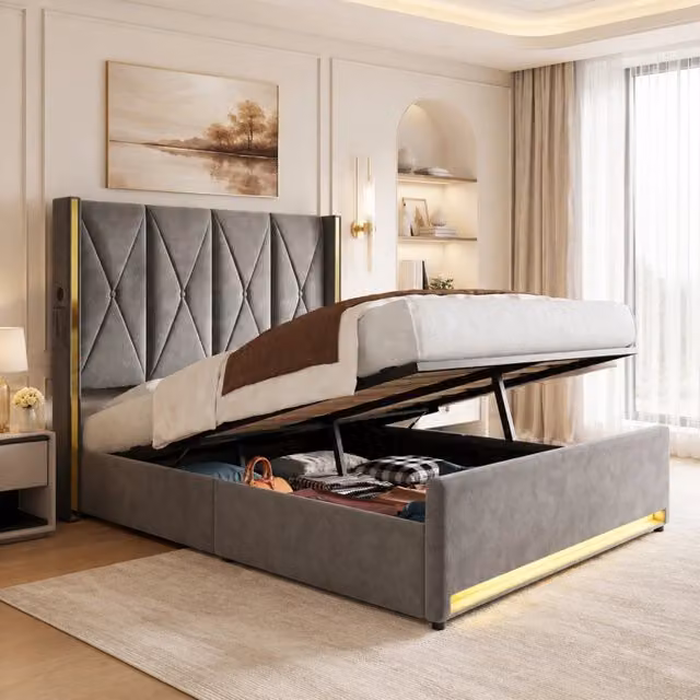 Letto contenitore 160x200 cm in velluto grigio scuro con LED; USB e Type-C