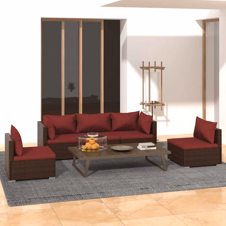 vidaXL Set Divani da Giardino 5 pz in Polyrattan Marrone con Cuscini Imbottiti e Coperture Rimosse