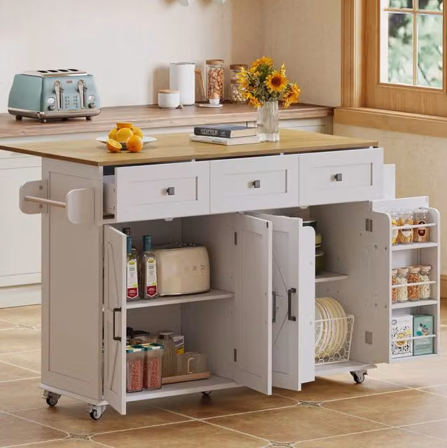 Isola cucina con piano pieghevole 140x43(70)x90;5 cm in MDF Bianco/Naturale