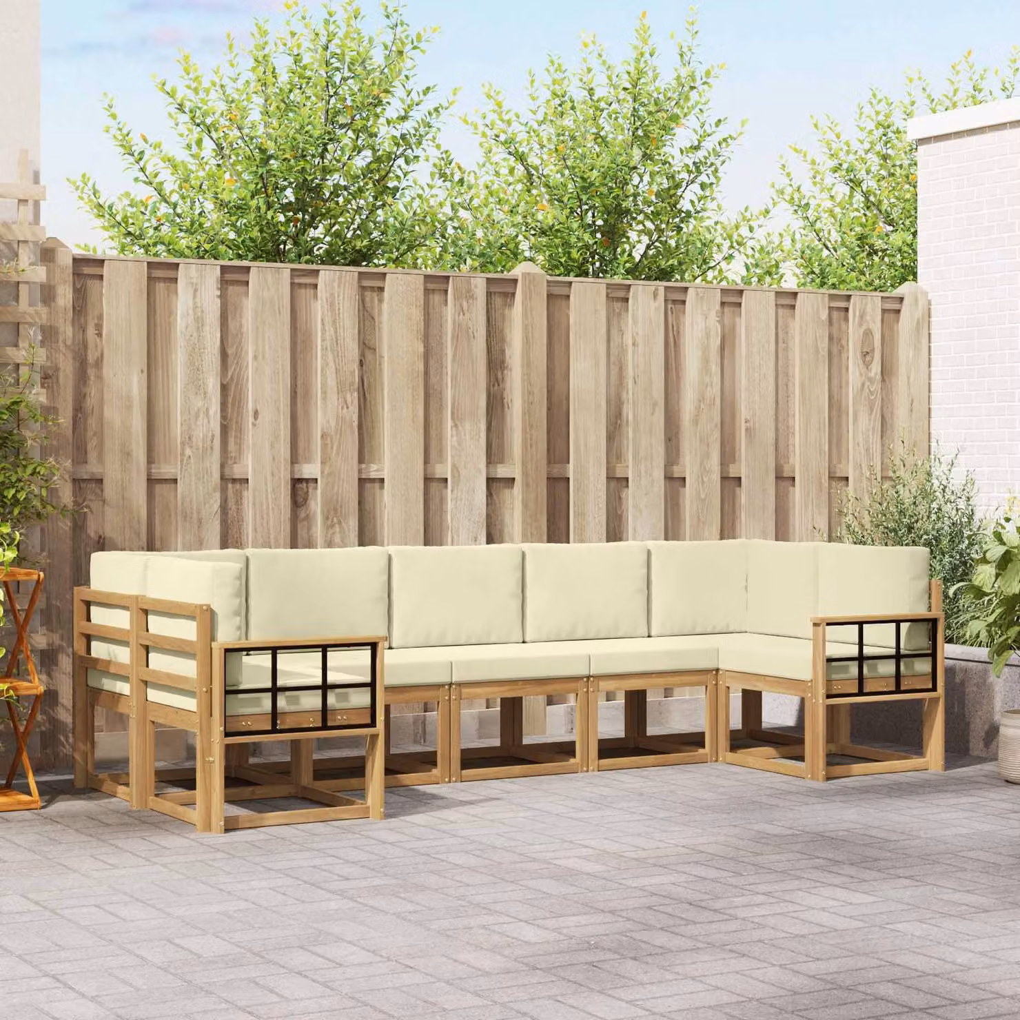 Set di divani da esterno a L vidaXL in legno di acacia con 7 pezzi, Bianco e Beige