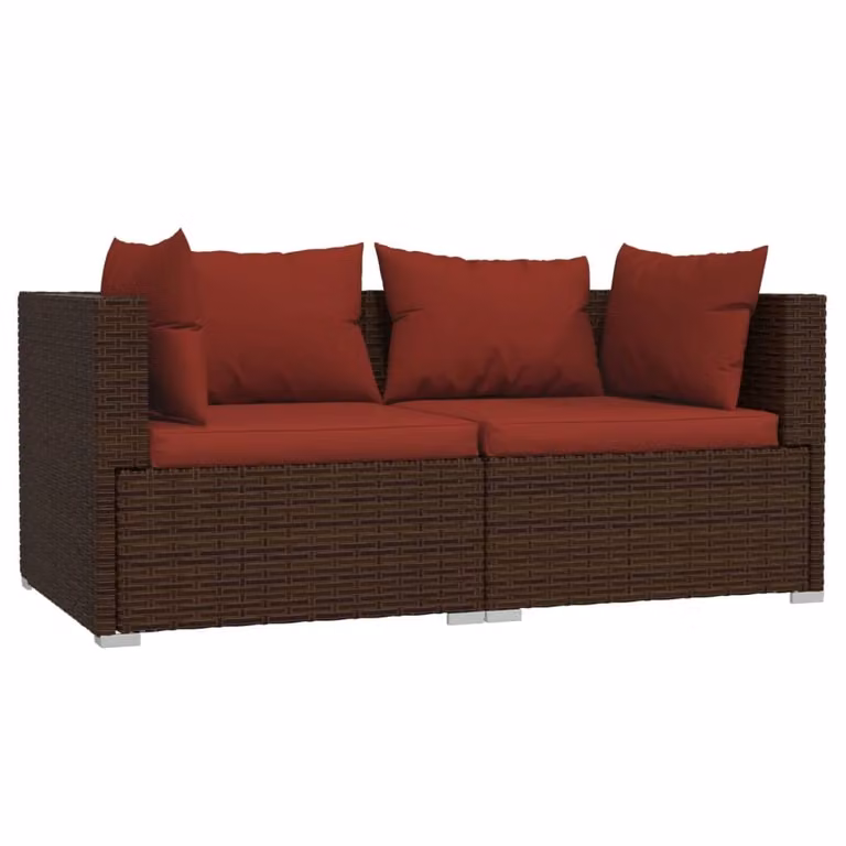 Divano a 2 Posti con Cuscini in Polyrattan Marrone