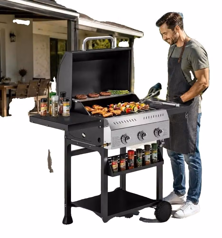 Griglia per barbecue da esterno, carrello in acciaio inossidabile, tre bruciatori, modello T0002 01 19175