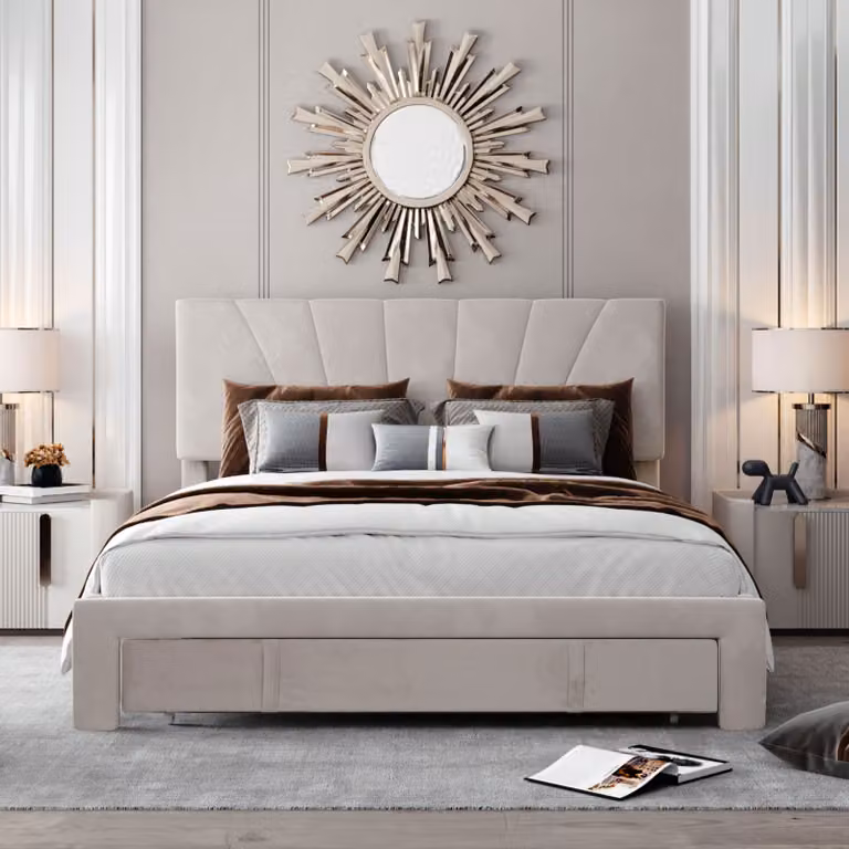 CDGlobal Letto imbottito 140 x 200 cm con cassetto, Letto matrimoniale con contenitore, Letto con rete a doghe, Testata con schienale, Struttura letto moderna, Beige