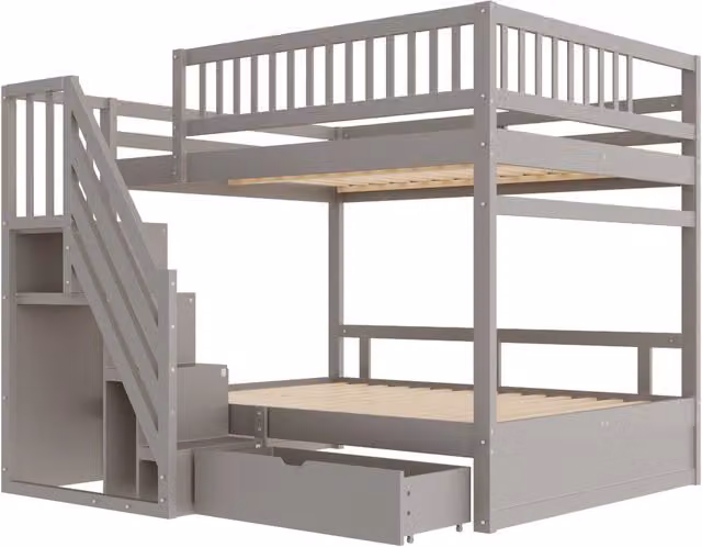 Letto a Castello in Legno Massello con Protezione di Sicurezza, Scaletta con Spazio Contenitore e Cassetti, 140x200 cm, Grigio