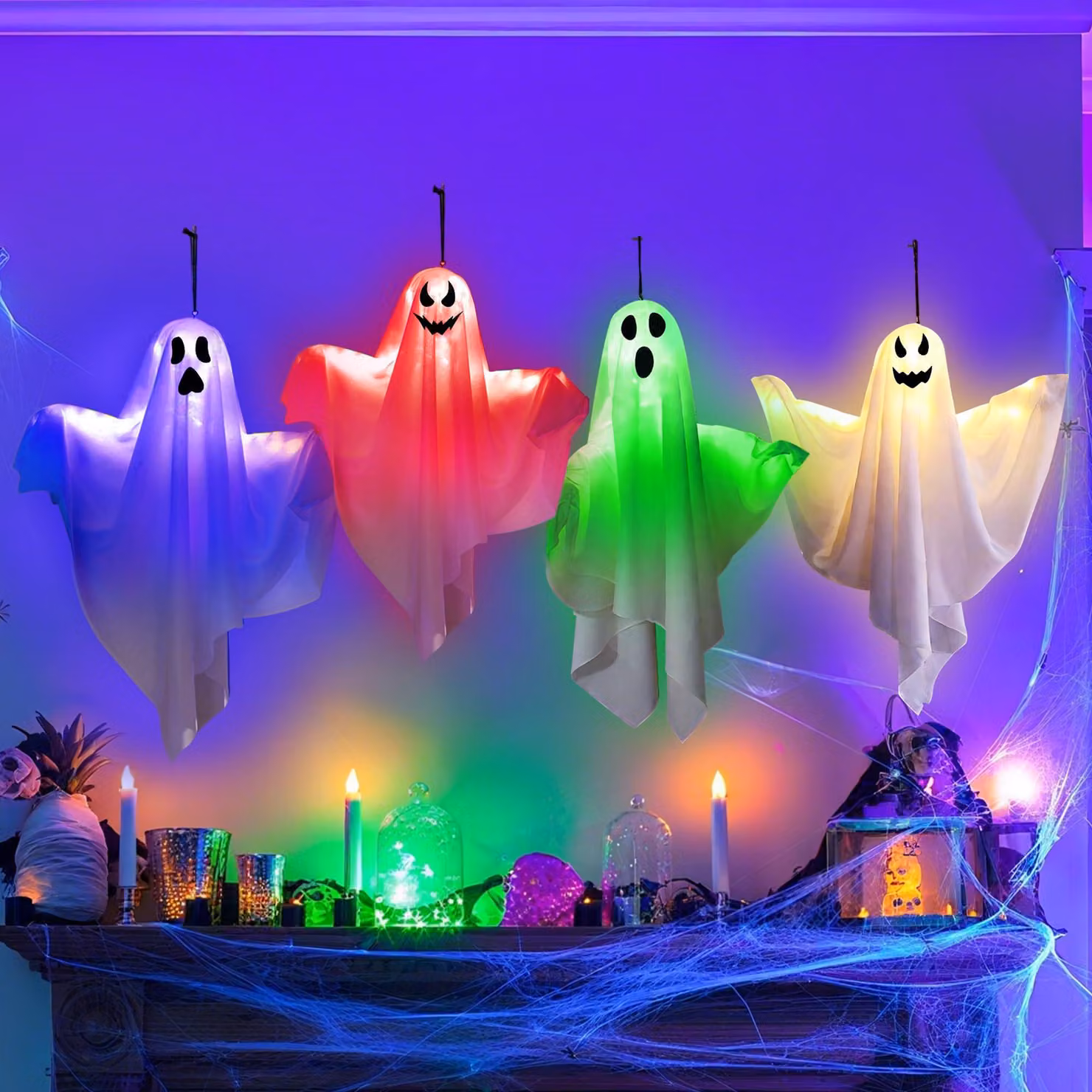 4 decorazioni a forma di fantasmi LED sospesi, 50 cm, decorazioni per Halloween