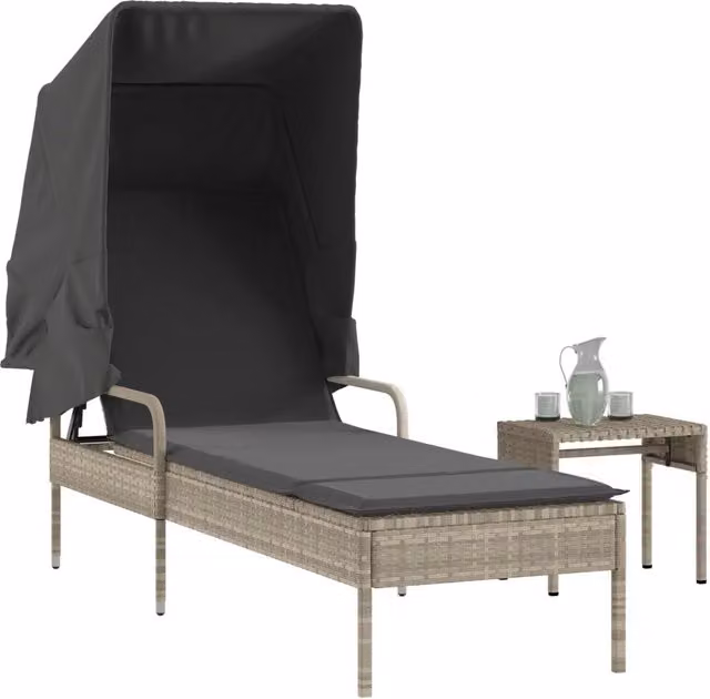 Lettino con Baldacchino e Tavolino vidaXL in Polyrattan Grigio Chiaro con Parasole e Poggiatesta Regolabile