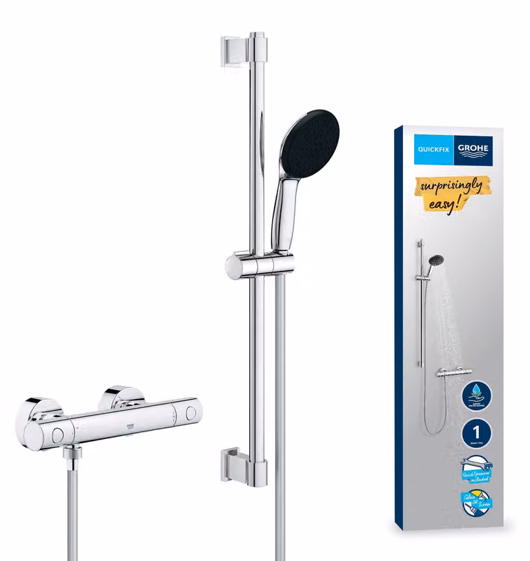 Set doccia con termostato, barra da 60 cm, a risparmio idrico, 9 litri/minuto, finitura cromata