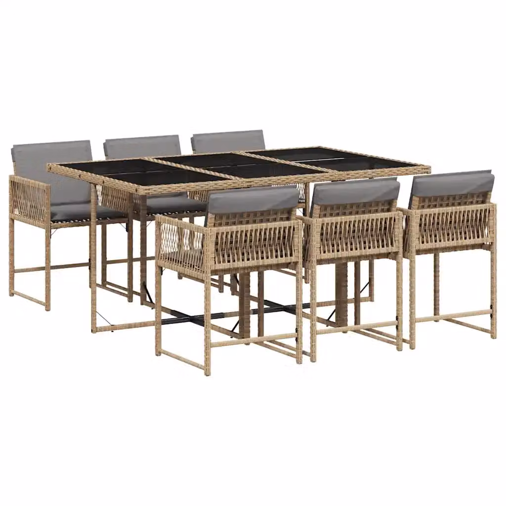 Set Pranzo da Giardino vidaXL in Polyrattan con Cuscini e Tavolo in Vetro, 7 Pezzi, Colore Beige Misto – 2