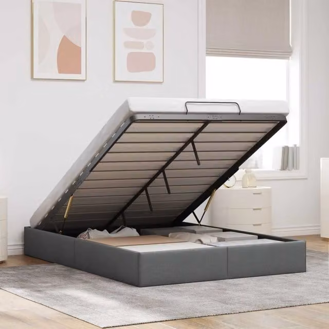 Letto ottomano moderno vidaXL in tessuto grigio con contenitore a sollevamento L: 152 cm, P: 203 cm, H: 140 cm