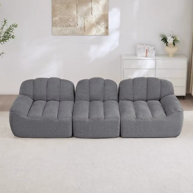 Divano modulare a 3 posti senza struttura con seduta profonda e pouf in pile granulare grigio 288 × 104 × 79 cm