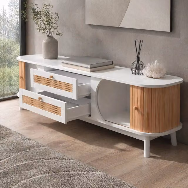 Mobile TV moderno 170 cm bianco effetto legno con ante e cassetti in rattan