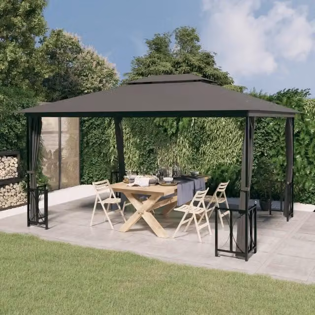 Gazebo con Teli Laterali e Doppio Tetto 3x4 m Antracite 318544