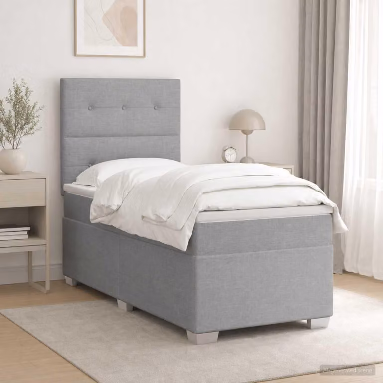 Letto a molle con materasso e testiera, colore grigio chiaro, modello singolo, rivestito in tessuto