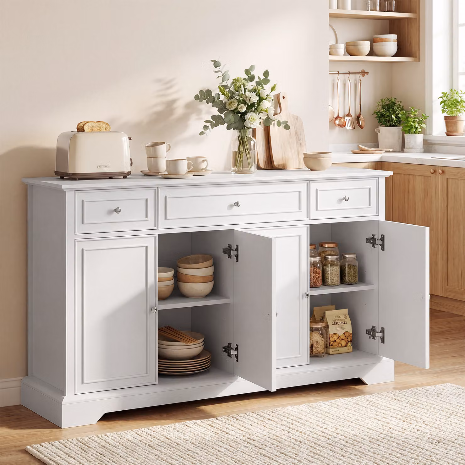 Buffet da cucina HOMCOM bianco con 3 cassetti, 4 ante a chiusura ammortizzata e ripiani regolabili, L: 136 cm, P: 38 cm, H: 80 cm – 2