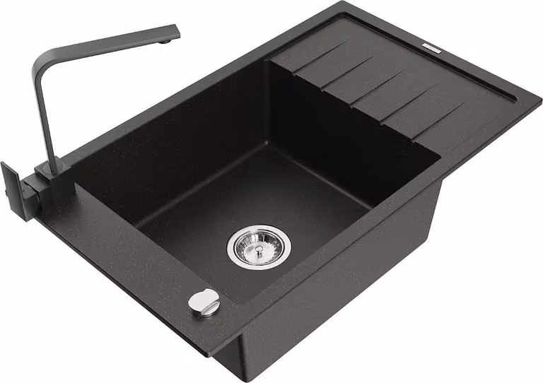 Mexen Elias lavello in granito a 1 vasca con scolapiatti e rubinetto da cucina Rita, nero/oro metallizzato - 6511-75-670300-70