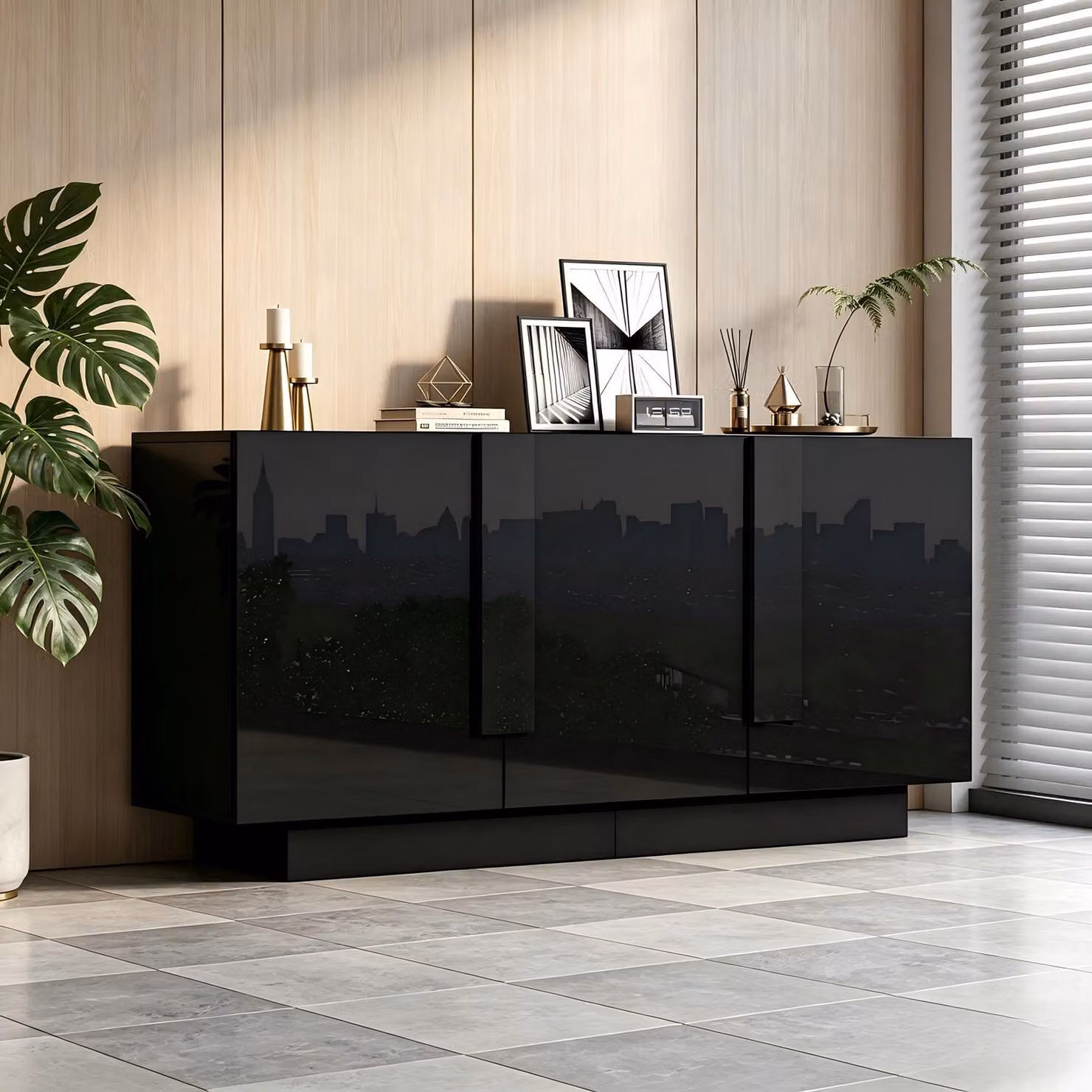 Credenza Merax lucida con 3 ante e 6 ripiani, cassettiera lucida con struttura in truciolato, mobile da salotto moderno con spazio contenitivo, nero