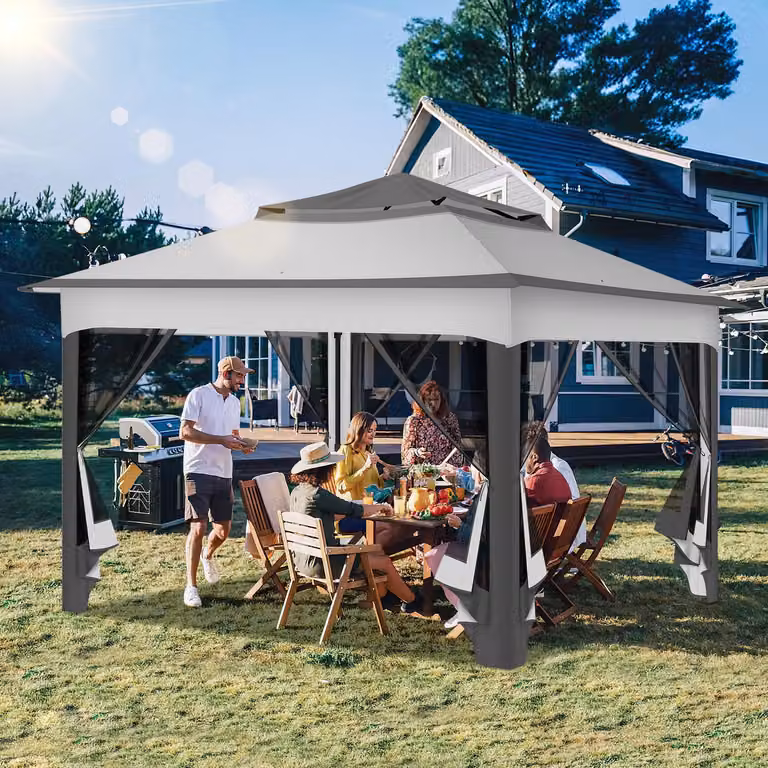 Gazebo pieghevole Izrielar Pop-up 3,3×3,3×2,68 m – Gazebo da giardino con zanzariera, protezione UV, tetto a doppia ventilazione, borsa da trasporto e sacchi di sabbia inclusi, grigio