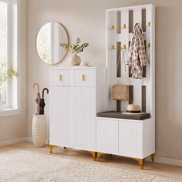 Set appendiabiti con panca porta scarpe, cuscino e ganci dorati, mobile con cassetti e ante bianco