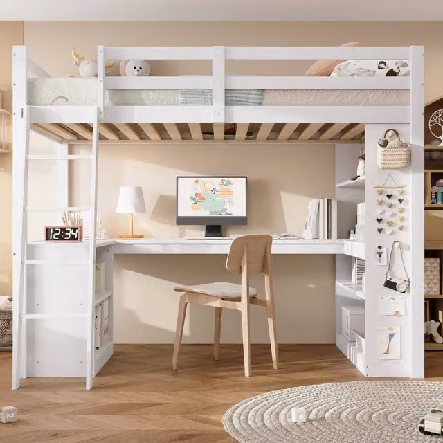 Letto a soppalco per bambini 90x200 cm bianco in pino e truciolare con piano angolare e ripiani per cameretta