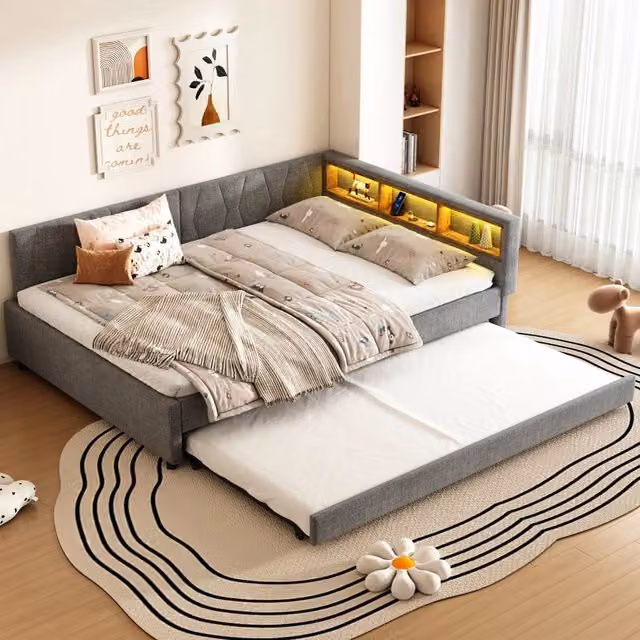 Letto divano estraibile 140 × 200 cm 2 posti con vano portaoggetti, USB e tipo C, LED, senza materasso, grigio