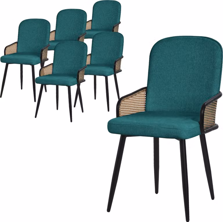 ML-Design set di 6 sedie da pranzo Sedie da cucina imbottite in tessuto petrolio con braccioli effetto rattan Sedie imbottite con gambe in metallo Poltrona ergonomica