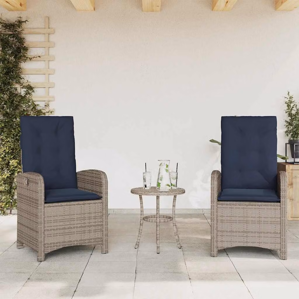 Set di 2 sedie da giardino reclinabili vidaXL in polyrattan grigio con cuscini blu