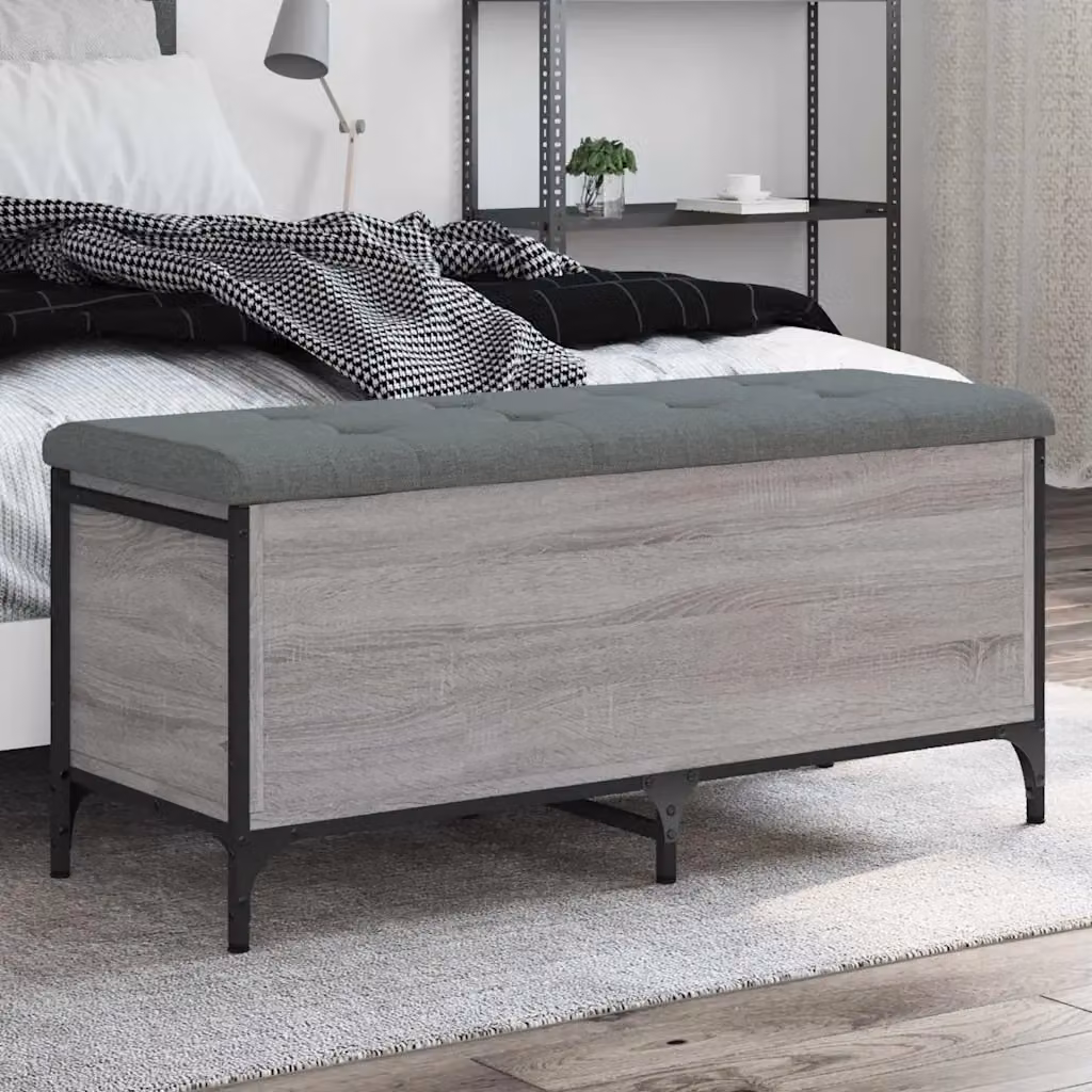Panca portaoggetti in stile industrial con tessuto grigio e struttura in legno e metallo L: 102 cm, P: 42 cm, H: 45 cm – 2