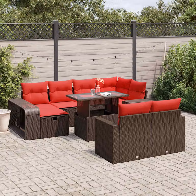Set di divani da giardino vidaXL 11 pezzi in rattan marrone con cuscini e tavolino da esterno