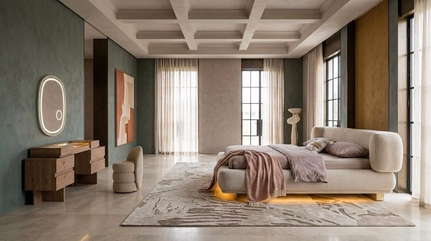 Comò da trucco con specchio, pouf, stile moderno, beige, confortevole