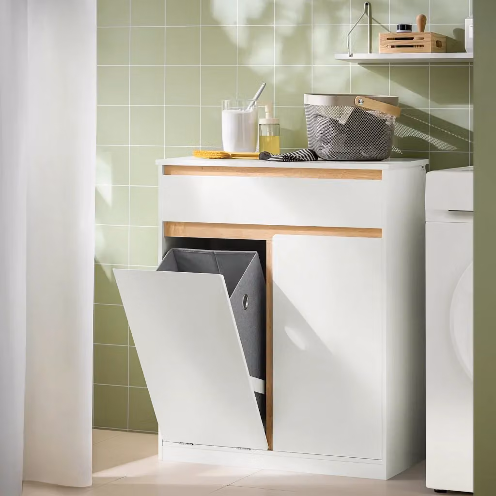 Mobile lavanderia SOBUY con sacchi portabiancheria pieghevoli e ante, Bianco, L: 71 cm, P: 33 cm, H: 85 cm – 2
