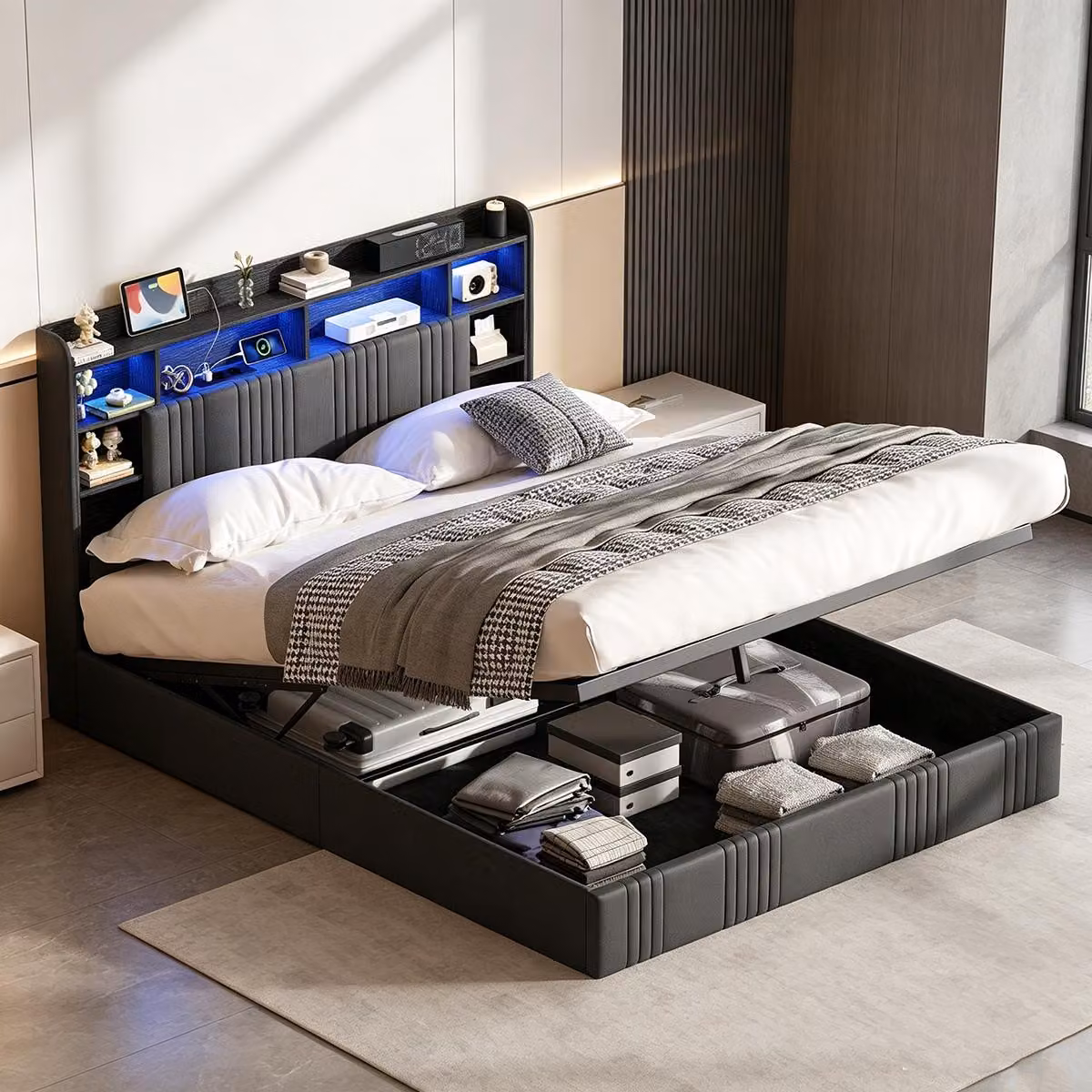 Letto matrimoniale con boxspring, imbottito, 160x200 cm, con LED e porte USB/C, letto idraulico con spazio contenitore, testiera, struttura moderna, tessuto in lino, colore grigio
