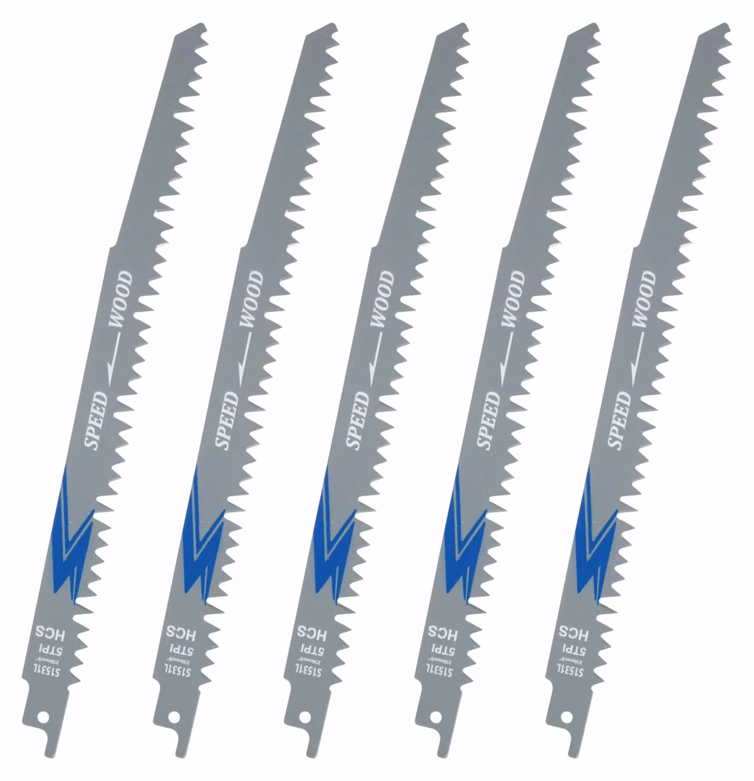 Set professionale di 5 lame per seghetto alternativo, adatte per legno e metallo, lunghezza 225 mm, 5 denti per pollice