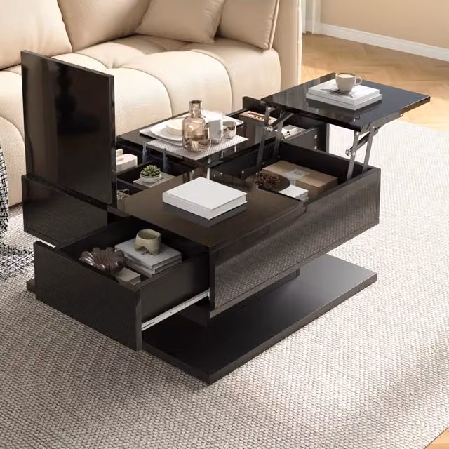 Tavolino da salotto multifunzione 72x72 cm con piano sollevabile; LED e cassetti nero